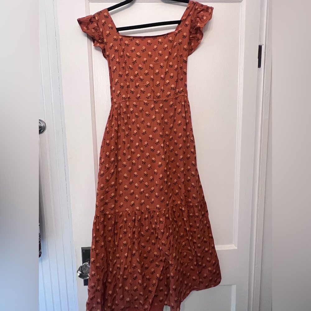 Madewell Ruffle-Strap Tiered Midi Dress in Wild Calendula Block-Print